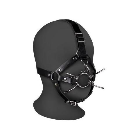 Head Harness with Spider Gag and Nose Hooks - Black